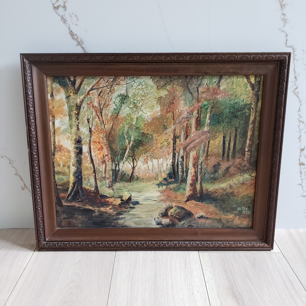 Vintage Original Oil Painting Forest Landscape Signed Al Roy 1957 Framed 16x20